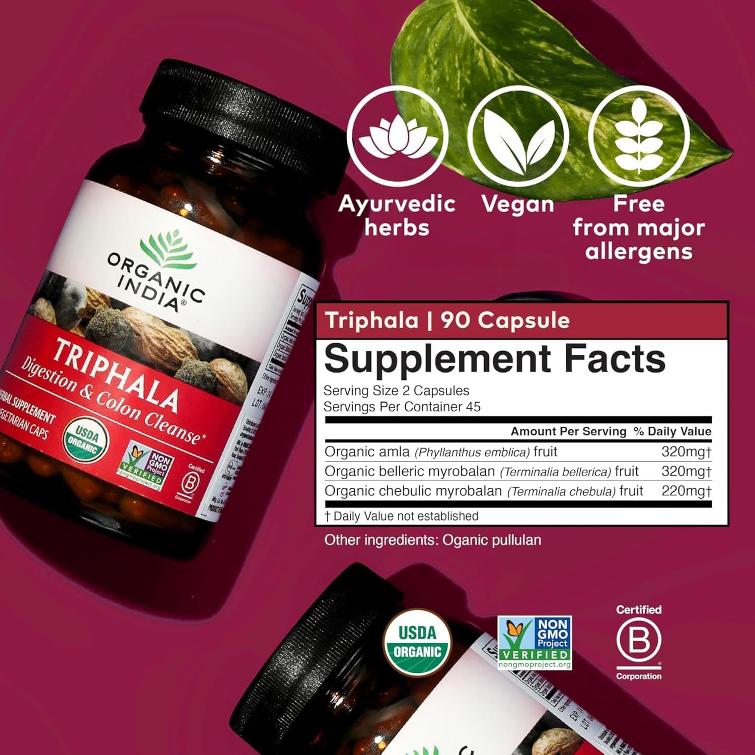ORGANIC INDIA Triphala Capsules Organic - Herbal Supplement with Amla, Bibhitaki, Haritaki, Digestion & Colon Support, Immune System Support, Adaptogen, Vegan, USDA Certified Organic - 60 Capsules