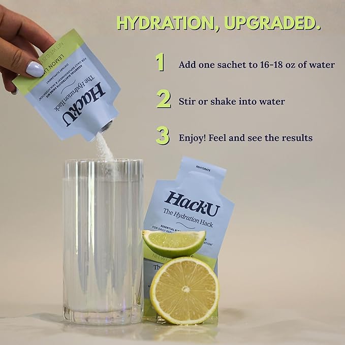 HackU Hydration Hack Electrolyte & Skin Hydration Packets – Sugar Free, Bloat-Free Drink Mix with Magnesium, Hyaluronic Acid & Ceramides for Daily Glow & Moisture Support