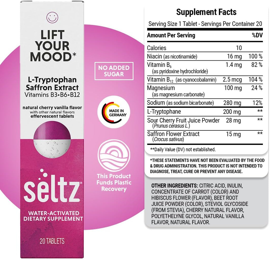 Seltz® Water-Activated Vitamins - Lift Your Mood with L-Tryptophan, Saffron Extract and Vitamins B3 B6 B12 – Natural Cherry Vanilla Flavor Dietary Supplement- 1 Pack x 20 Effervescent Tablets