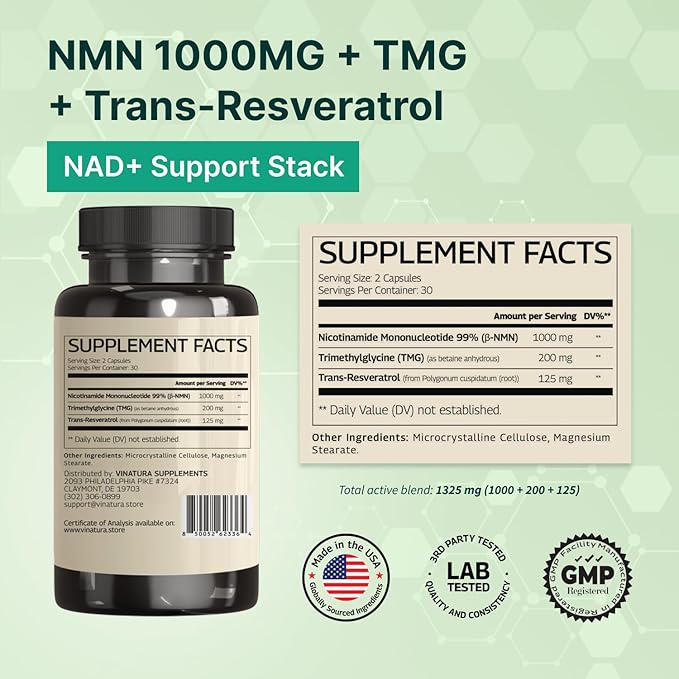 VINATURA NMN Complex Supplement 1325MG - NMN 1000mg with Resveratrol and TMG, Support NAD+, 60 Capsules