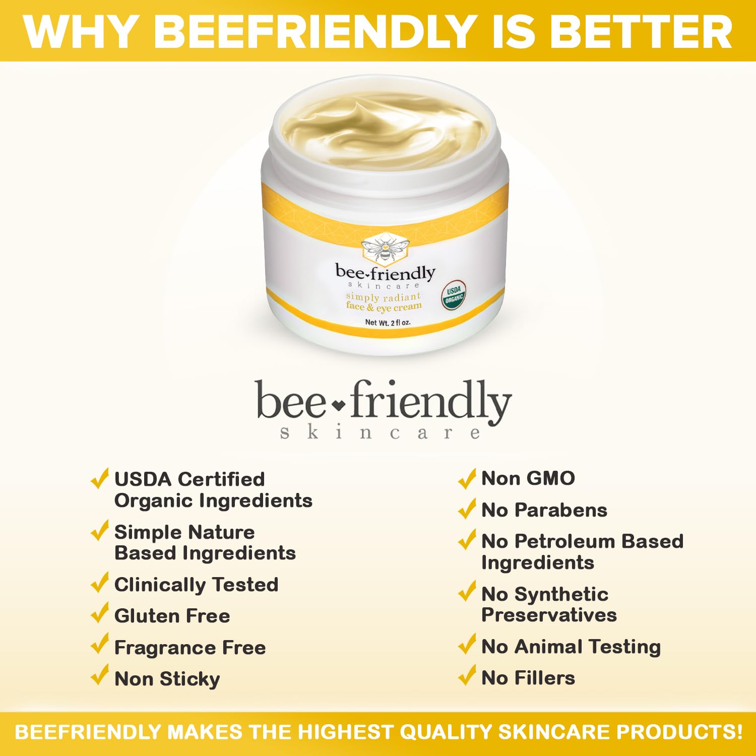 BeeFriendly Organic Face and Eye Cream, USDA Certified Organic Facial Moisturizer, All In One Natural Face, Eye, Neck, Decollete Cream Reduces Wrinkles & Lines, 4 oz - (2 Jars in a box)