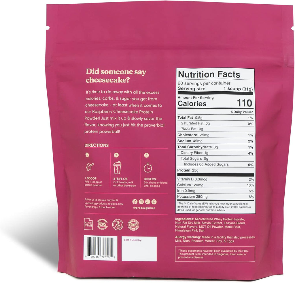ProDough Gourmet Whey Isolate Hydrolized Protein Powder for Shake Mix- Easy Digest Enzyme Blend, 25g Protein per Serving, Natural Ingredients, Gluten Free, Keto Friendly (Rasberry Cheesecake)
