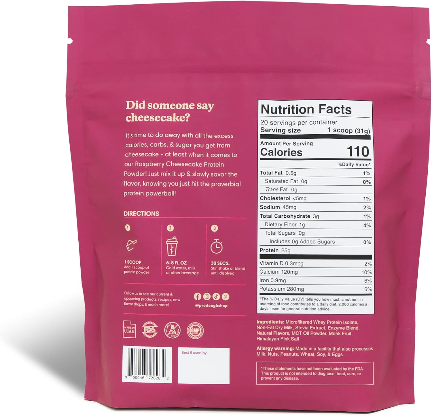 ProDough Gourmet Whey Isolate Hydrolized Protein Powder for Shake Mix- Easy Digest Enzyme Blend, 25g Protein per Serving, Natural Ingredients, Gluten Free, Keto Friendly (Rasberry Cheesecake)