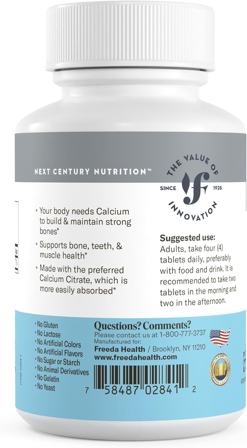 Freeda Calcium Citrate – Kosher Vegan Bone Strength Supplement – Supports Bone Density & Muscle Function – Calcium 1000mg per Serving – No Added Vitamin D – (100 Tablets)