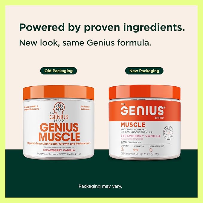 The Genius Brand Genius Muscle - Muscle Health Supplement for Growth, Endurance & Recovery - Non-Hormonal Formula - 6 Organic Mushrooms - Naturally-Sweetened - 30 Servings - Strawberry Vanilla