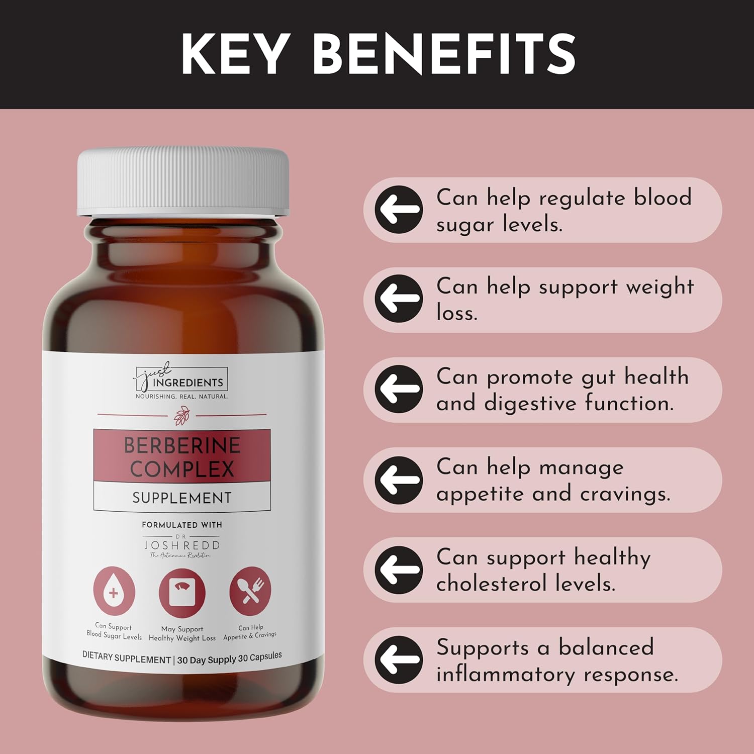 JUST INGREDIENTS Berberine Supplement – 30-Capsule Herbal Support Formula with Organic Berberis Aristata – Traditionally Used for Metabolic Health, Cellular Function & Overall Wellness.