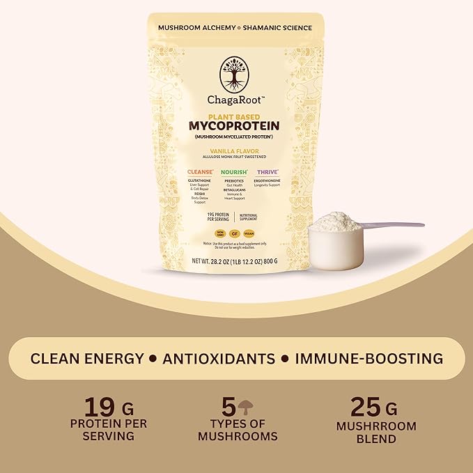 Mycoprotein Mushroom Protein Powder, Vanilla - 19g of Vegan Protein, Plant Based, Superfood, Master Blend of Chaga, Reishi, Turkey Tail, Shiitake, Lions Mane, Coffee, Smoothies (1.76 lb)