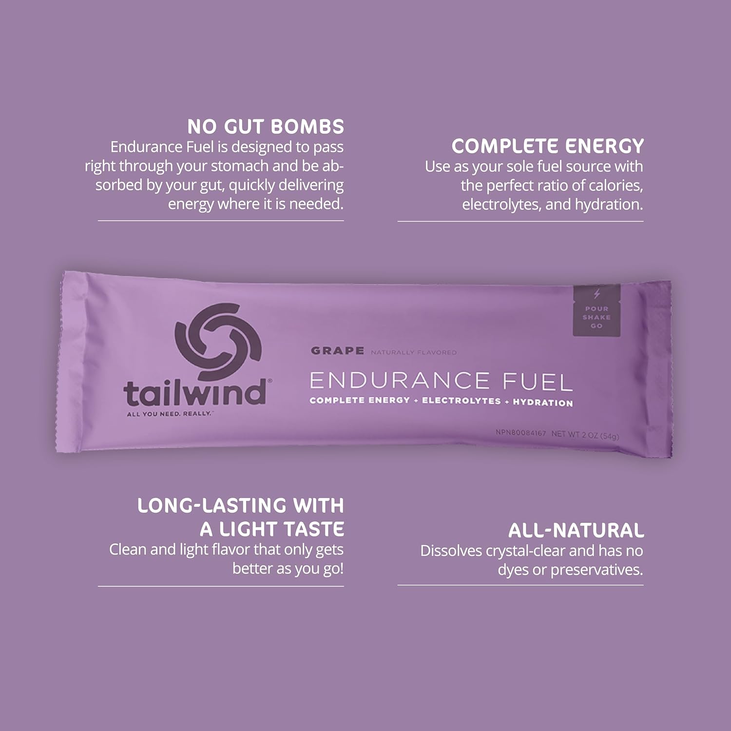 Tailwind Nutrition Endurance Fuel, Sports Drink Powder Single Serving with Electrolytes, Non-GMO, Free of Soy, Dairy, and Gluten, Vegan-Friendly, Grape, Pack of 12