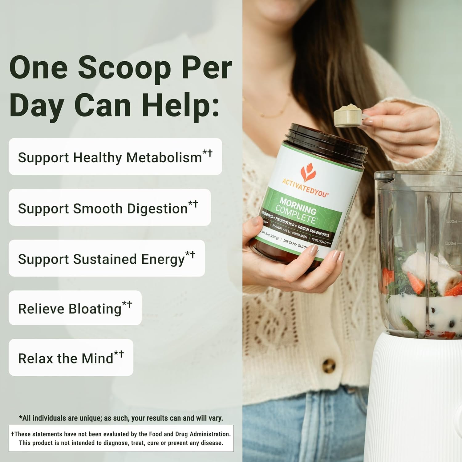 ACTIVATEDYOU Morning Complete Daily Wellness Greens Superfood Drink Mix for Gut Health w/Prebiotics, Probiotics, Antioxidants, Green Superfoods, 10 Billion CFUs (3 Pack, Apple Cinnamon)