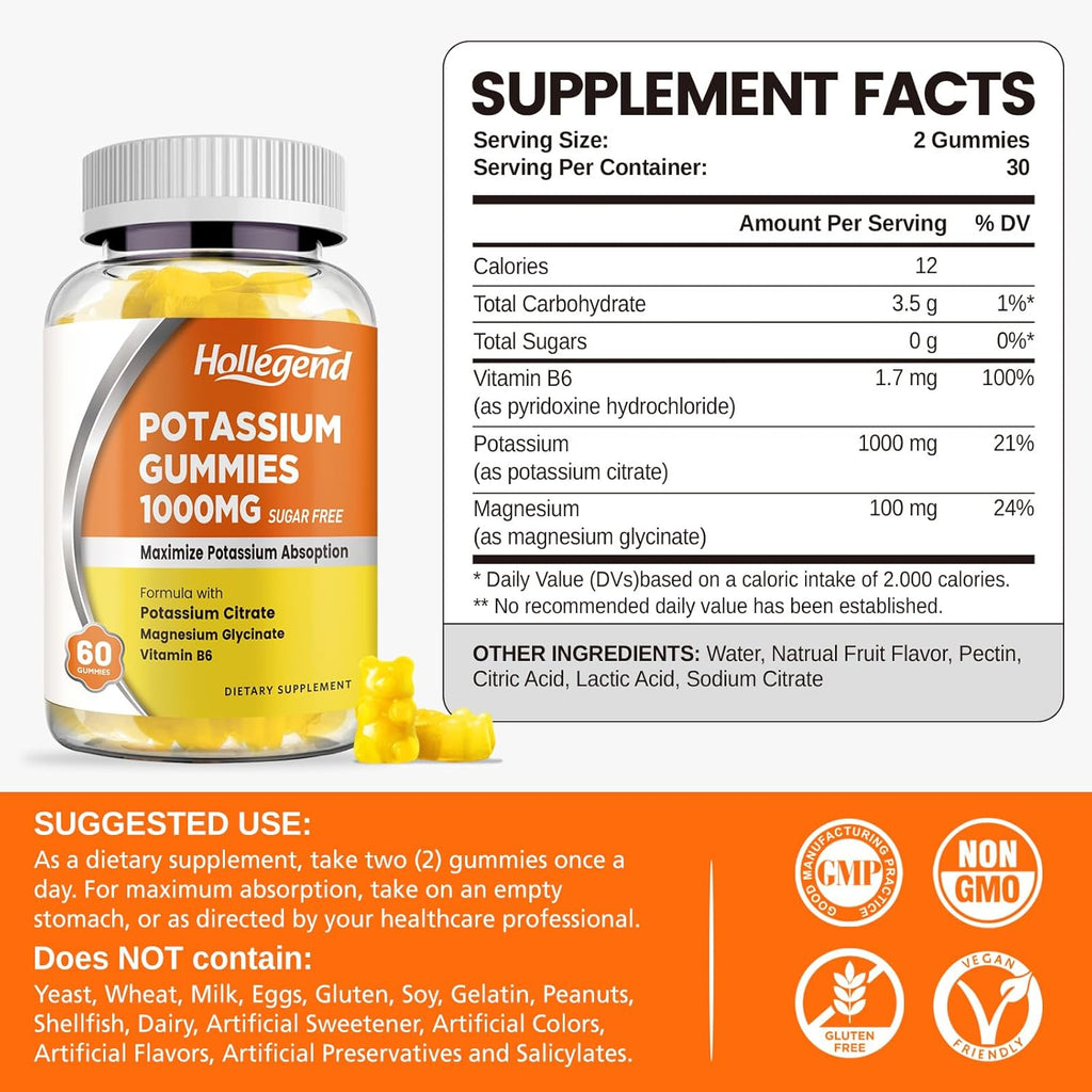 Potassium Gummies 1000mg, Maximize Potassium Absoption Blend with Vitamin B6 Magnesium, Potassium Citrate Supplement for Adults, Sugar Free, 60 Count