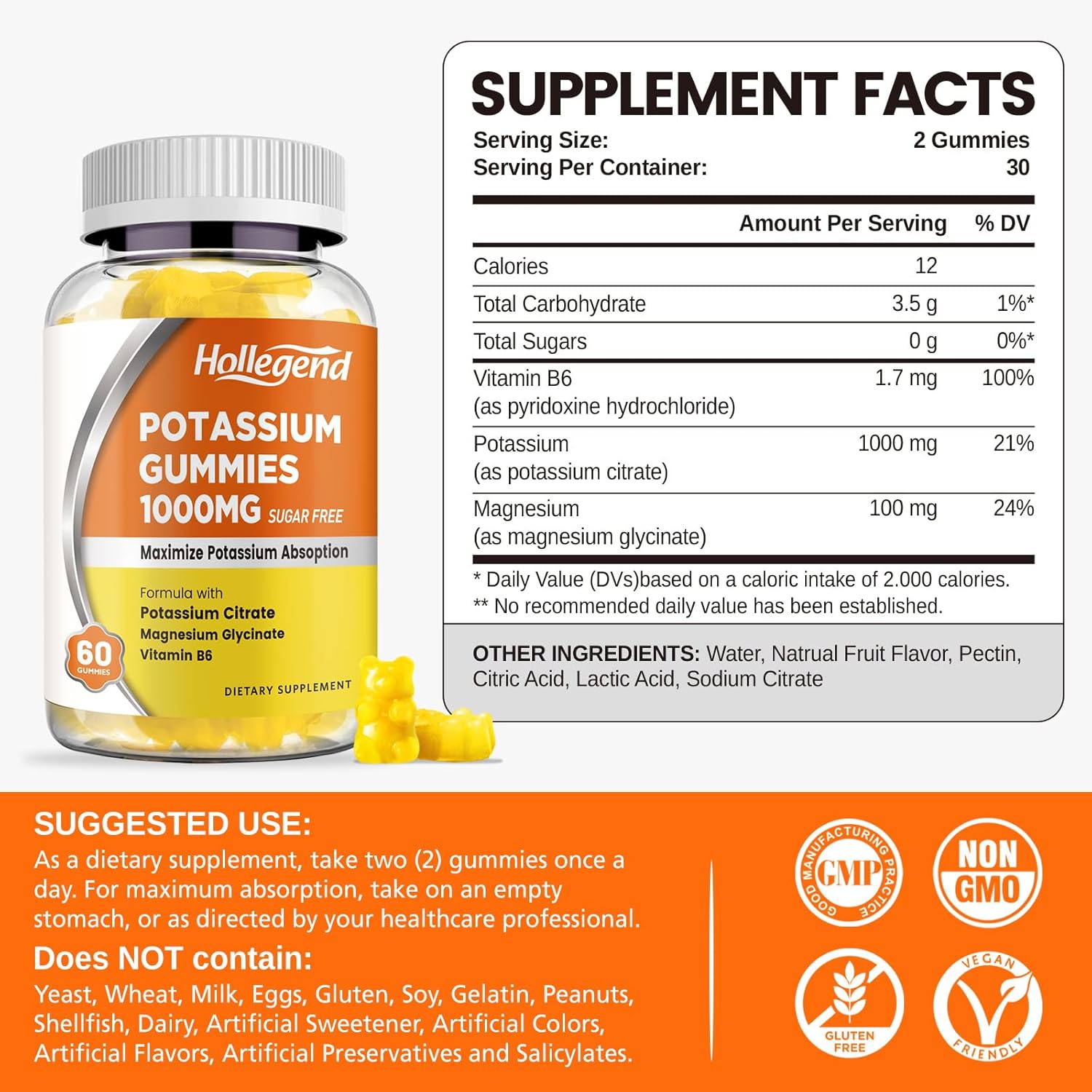 Potassium Gummies 1000mg, Maximize Potassium Absoption Blend with Vitamin B6 Magnesium, Potassium Citrate Supplement for Adults, Sugar Free, 60 Count