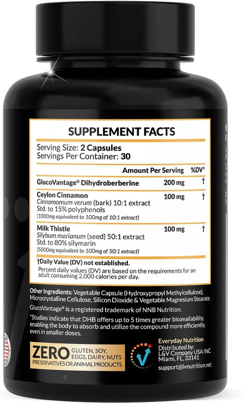 3 in1 Super Dihydroberberine Berberine Supplement GlucoVantage® 200mg Now 5X More Effective Than Regular Berberine HCL Powder | Cinnamon & Milk Thistle | More Bioavailable Metabolite 60 Capsules