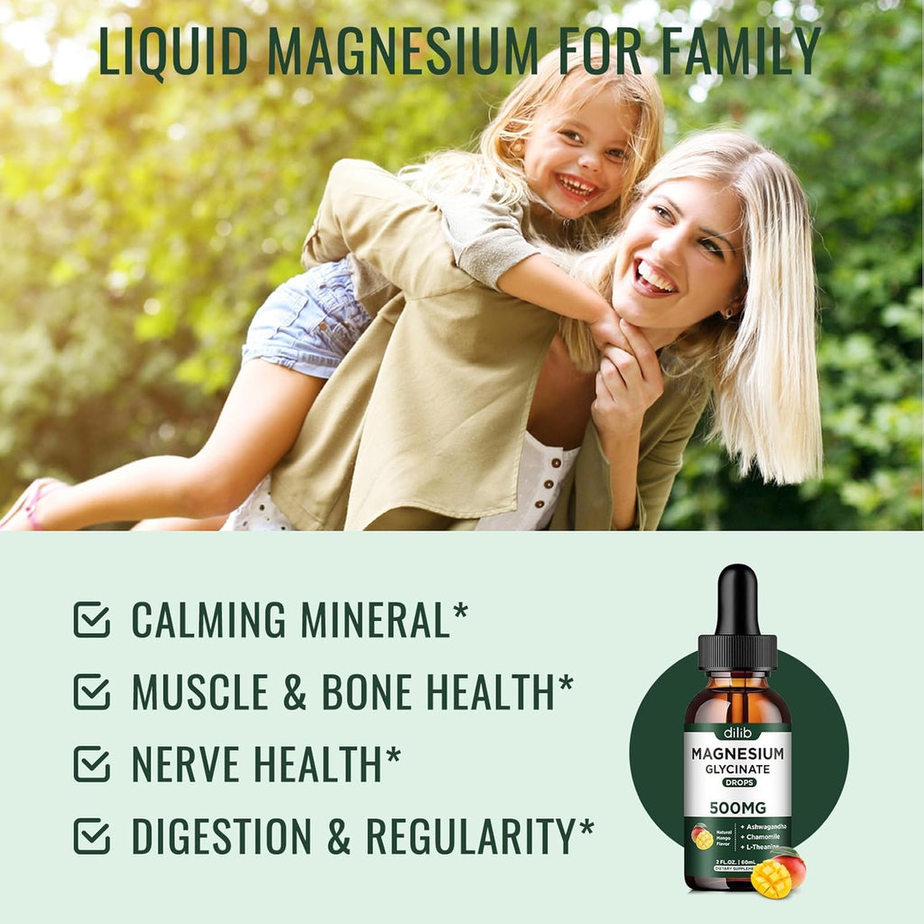 Magnesium Glycinate Liquid Drops Supplement, with Magnesium Glycinate 500mg Ashwagandha, L - Theanine, Chamomile -Support Stress Relief, Bone, Muscle, Mood Mango Flavor 2Pack