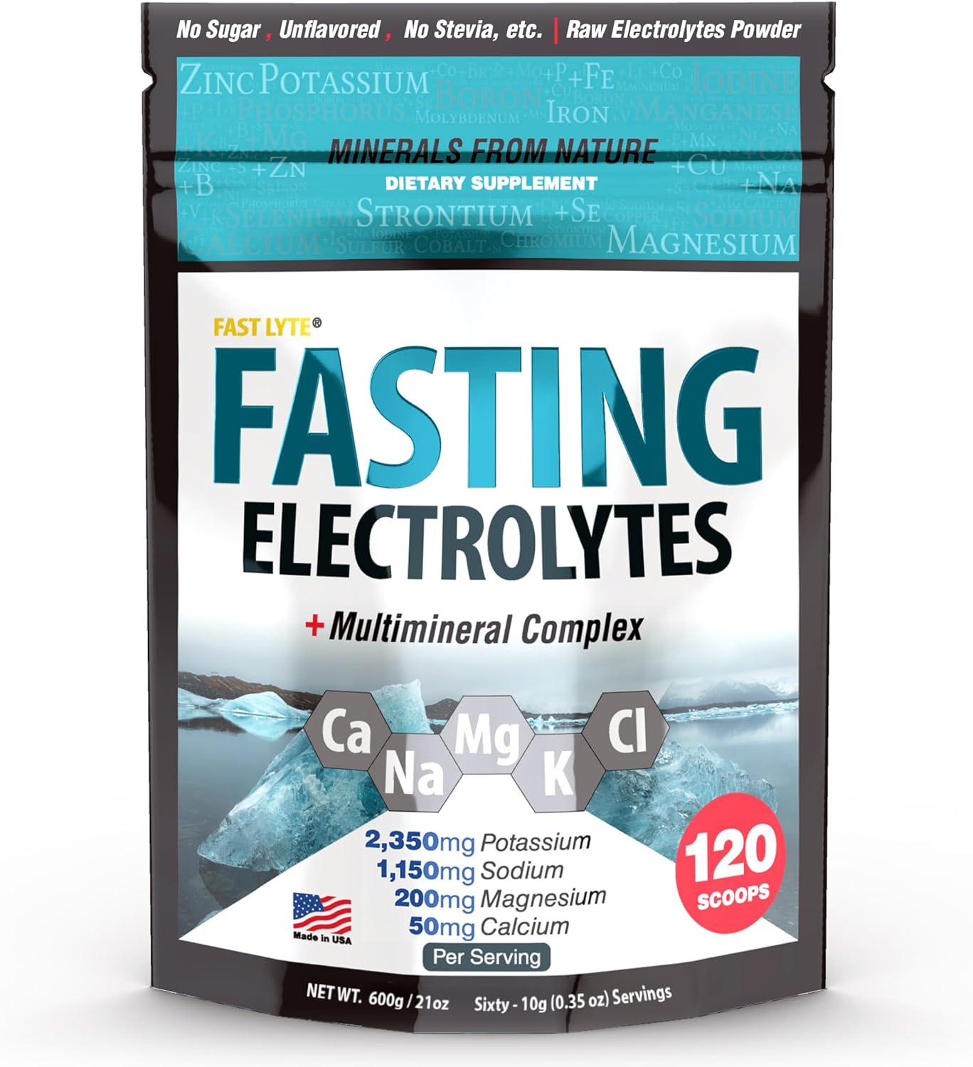 Fasting Electrolyte Supplement Powder | No Sugar Unflavored Raw Electrolytes | 100% RDA Magnesium and Potassium with Trace Minerals | Carnivore & Keto Friendly | Sugar Free Fasting Salts