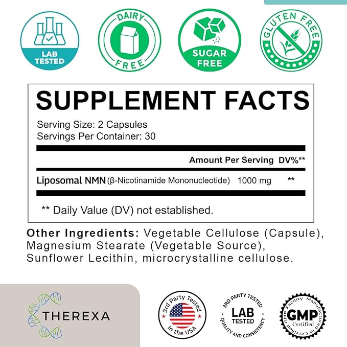 NMN Supplement 1000mg Pure - Liposomal NMN for NAD+ Supplement, Tested in USA, 60 Capsules