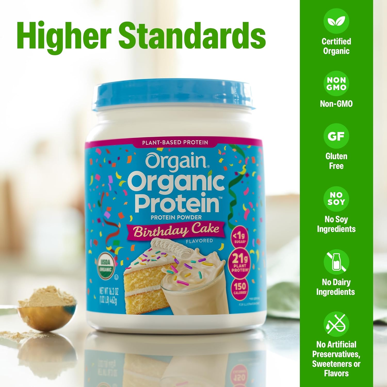 Orgain Organic Vegan Protein Powder, Birthday Cake - 21g Plant Based Protein, 7g Prebiotic Fiber, Low Net Carb, No Lactose Ingredients, No Added Sugar, Non-GMO, for Shakes & Smoothies, 1.02 lb