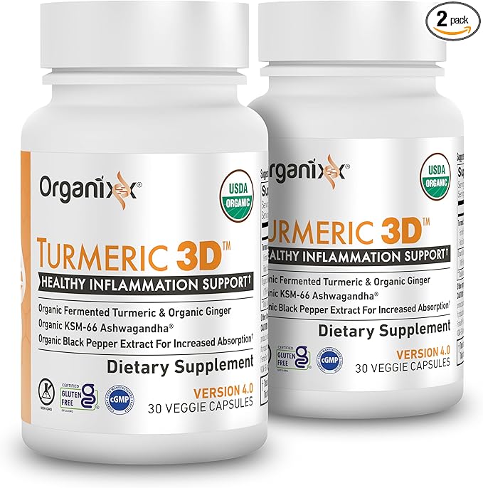 Organixx USDA Organic Turmeric Curcumin Supplement with Ashwagandha, Vitamin D, Turmeric & Ginger – Fermented for Maximum Bioavailability, 30 Count (Pack of 2)
