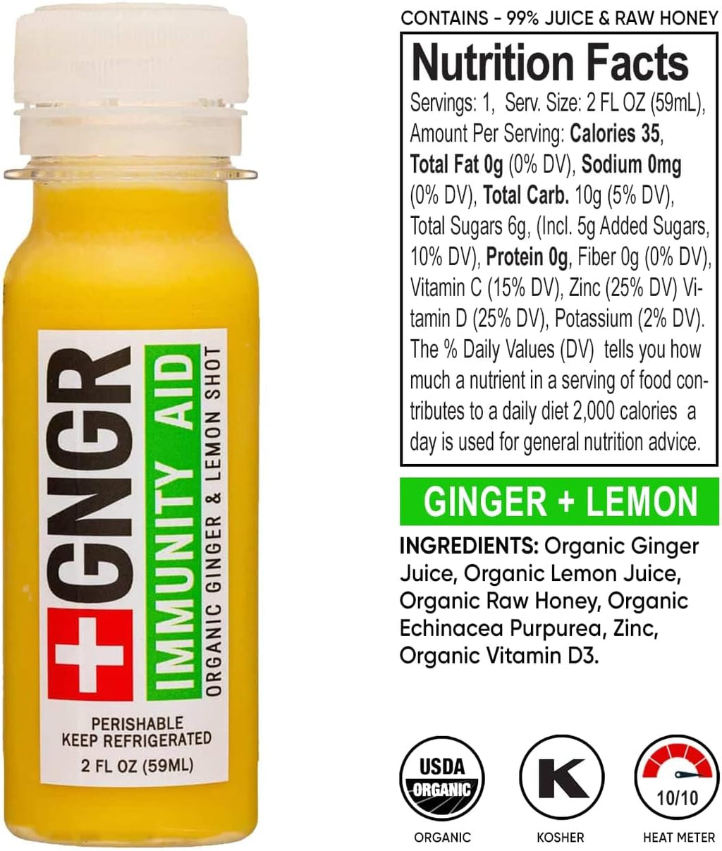 +GNGR Immunity Aid Organic Ginger and Lemon Shot - Cold Pressed Ginger Shots with Echinacea, Lemon Juice, Honey, Zinc & Vitamin D3, Immune & Digestive Support (2 Oz, Pack of 12)