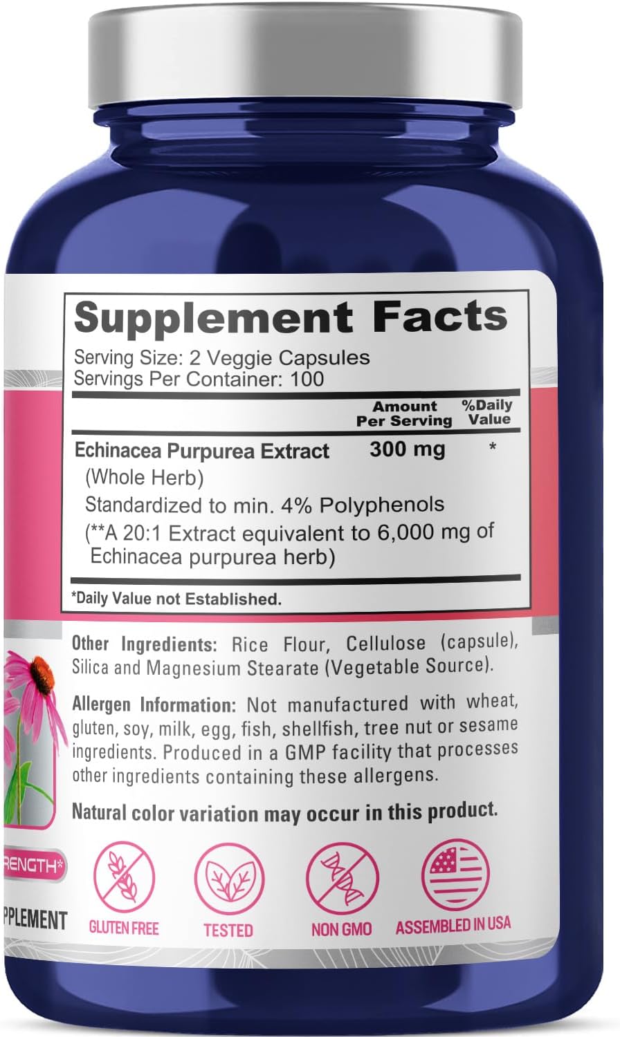 NusaPure Echinacea 20:1 Extract, 300 mg Equivalent to 6,000mg 200 Veggie Caps, Vegan, Non-GMO, Gluten Free Supplement (Pack of 2)