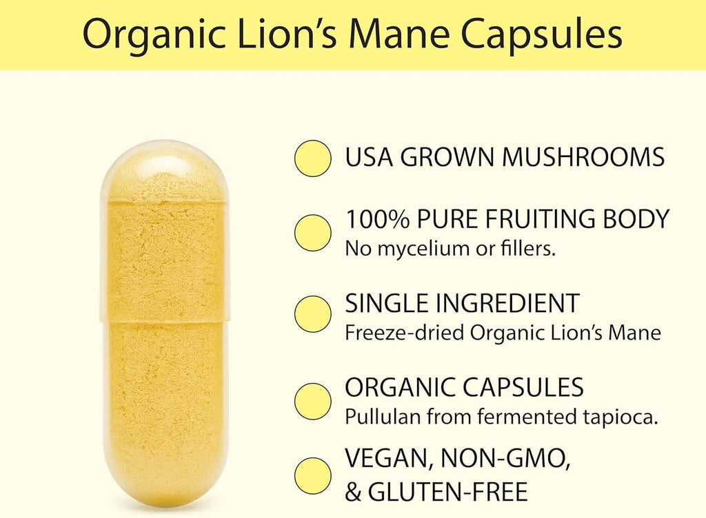 KOYAH - Organic Lion's Mane Mushroom Capsules - USA Grown, 100% Fruiting Body, Freeze-Dried, 3rd Party Tested for Beta-Glucans, 500 mg, Brain & Nerve Support. Immune Support. 60 Capsules
