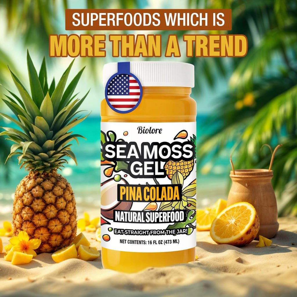 Biolore Pina Colada Sea Moss Gel 16 oz - No Added Sugar, Vegan, Made in USA - Wildcrafted Sea Moss Superfood with 92 Essential Vitamins - Ready to Use, No Prep Needed
