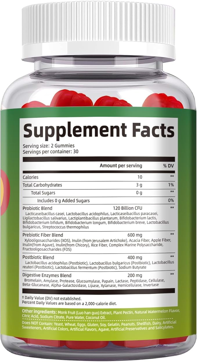 Pre Post Probiotics Gummies, 5 in 1 Probiotic Prebiotic Postbiotic Digestive Enzymes with Fiber, 120 Billion CFU Probiotics - Digestive Health, Sugar Free, Vegan, Watermelon, 60 Gummies