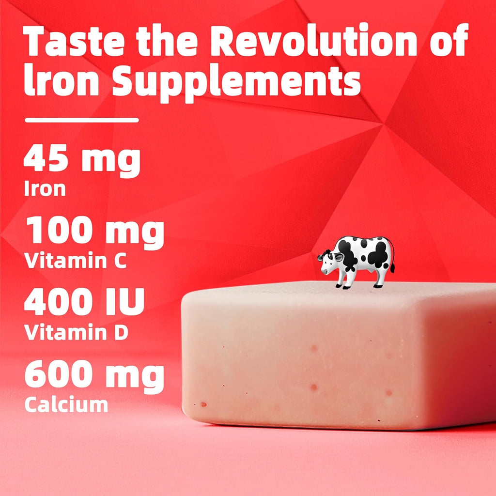 Iron Soft Chew Supplement with Vitamin C | Strawberry Flavored | Gluten Free | Iron Supplement for Women Men and Kids | 60 Count | 2 Month Supply