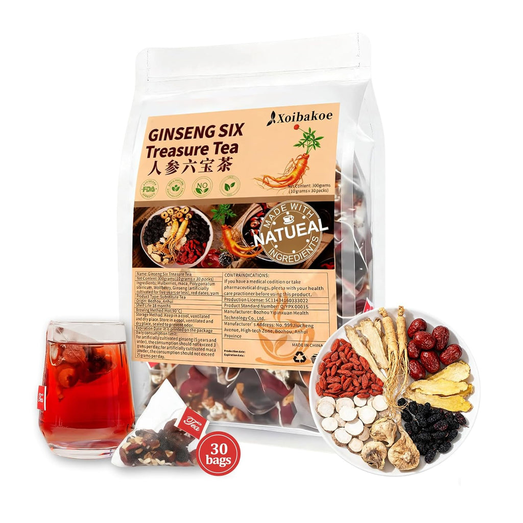 Kidney Tea Formula Ginseng Six Treasure Tea - Pure Natural Chinese Traditional Herbal Ginseng Six Treasure Kidney Detoxification Purification Tea Bag, Contains 7 Precious Ingredient Formulas (30 bags/1 Pack)