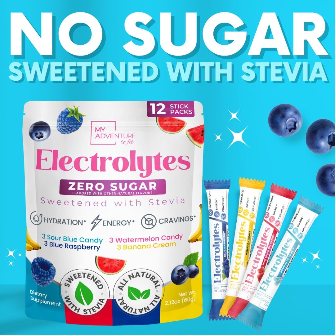 My Adventure to Fit Electrolytes Powder Packets – 12 Sugar-Free Hydration Packets, Potassium Supplement, Watermelon Candy, Blue Raspberry, Banana Cream, Sour Blue Candy – Zero Sugar, Keto Electrolytes