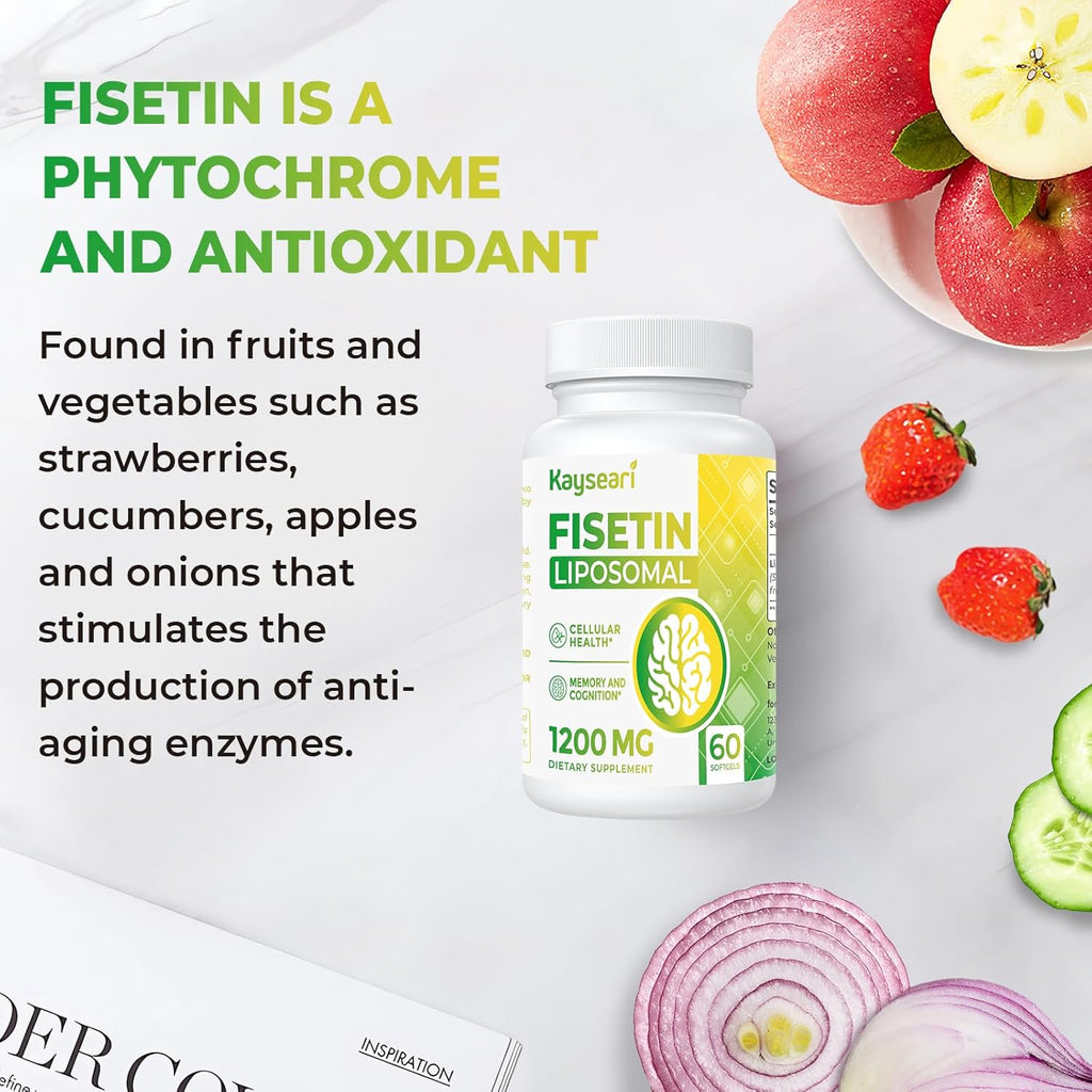Fisetin 1200mg Liposomal Fisetin Supplements 98% Pure Fisetin Polyphenols Antioxidants Immunity Health Aging Cognitive Support Non-GMO 60 Capsules