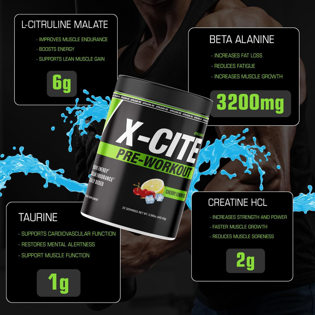 X-CITE Pre-Workout by ATHLEAN-X - Enhanced Formula with Beta-Alanine, Creatine & Caffeine for Ultimate Energy, Endurance, Focus & Muscle Pump, NSF Certified for Sports (22 Servings, Sour Green Apple)