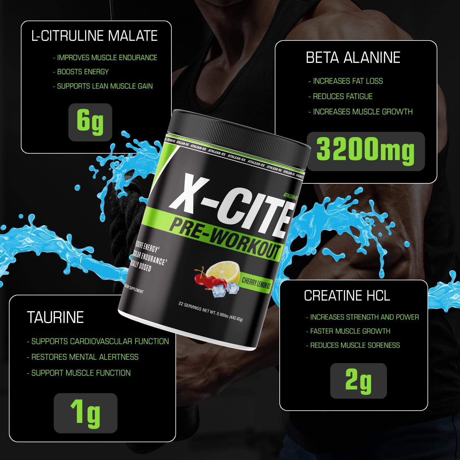 X-CITE Pre-Workout by ATHLEAN-X - Enhanced Formula with Beta-Alanine, Creatine & Caffeine for Ultimate Energy, Endurance, Focus & Muscle Pump, NSF Certified for Sports (22 Servings, Sour Green Apple)