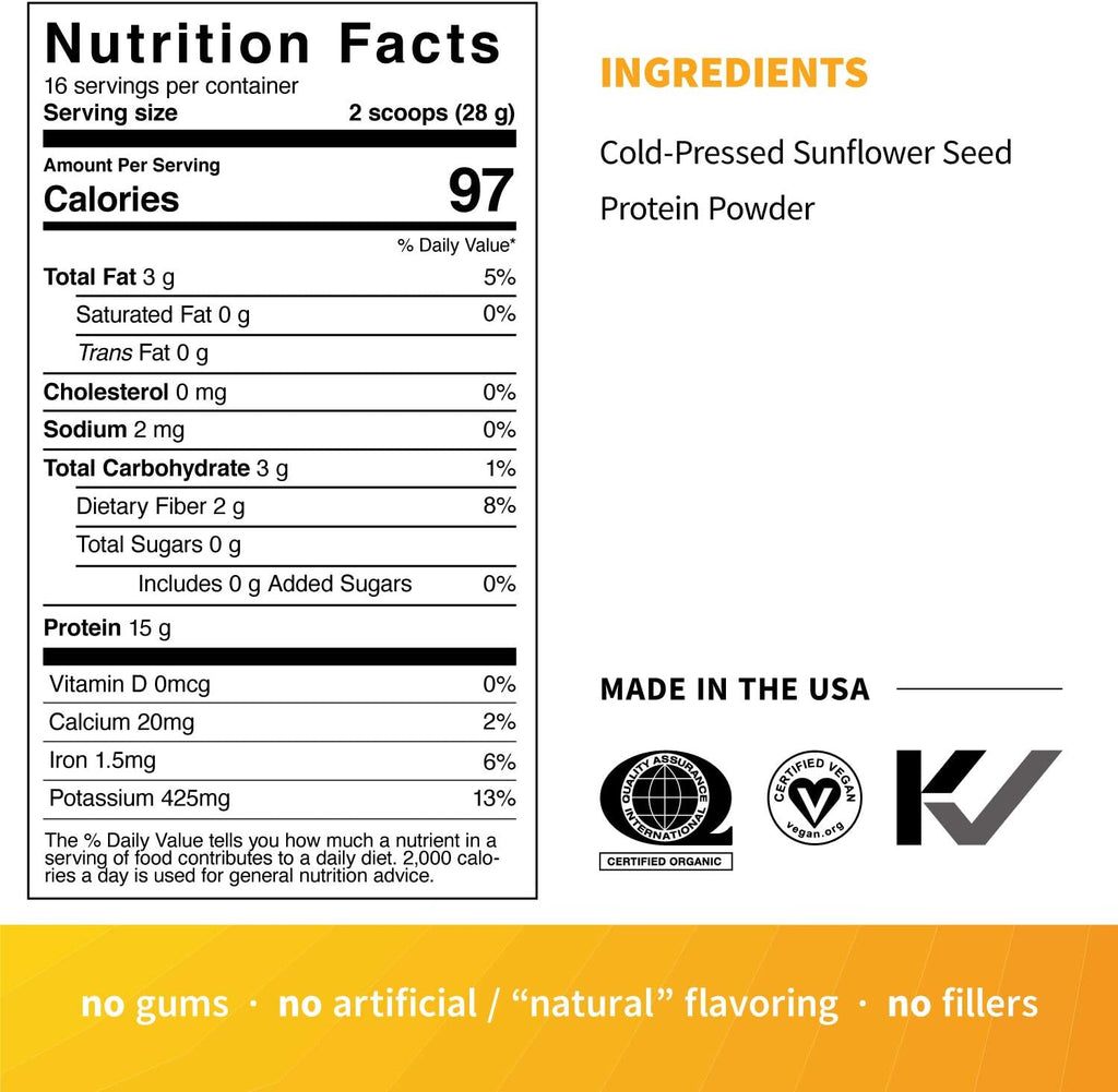 Sprout Living Simple Sunflower Seed Protein Powder, 15 Grams Organic Plant Based Protein Powder Without Artificial Sweeteners, Non Dairy, Non-GMO, Vegan, Gluten Free, Keto Drink Mix (1 Pound)