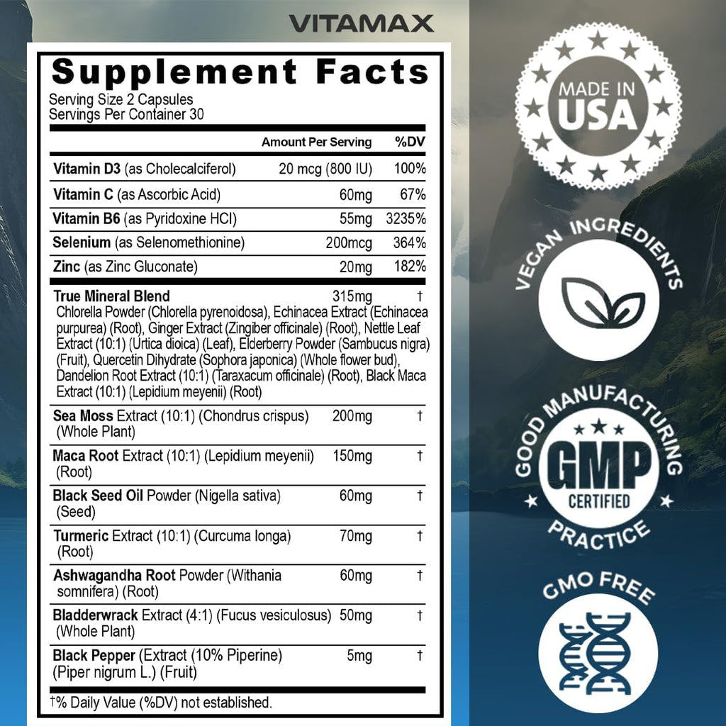 Sea Moss, Maca, Black Seed Oil, Ashwagandha, Bladderwrack, Turmeric - Elderberry, Vitamins C & D3, Dandelion & Black Pepper - Made in USA- 120ct