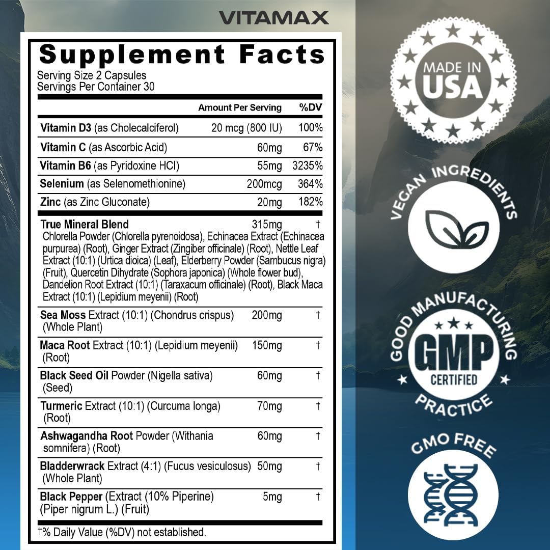Sea Moss, Maca, Black Seed Oil, Ashwagandha, Bladderwrack, Turmeric - Elderberry, Vitamins C & D3, Dandelion & Black Pepper - Made in USA- 120ct