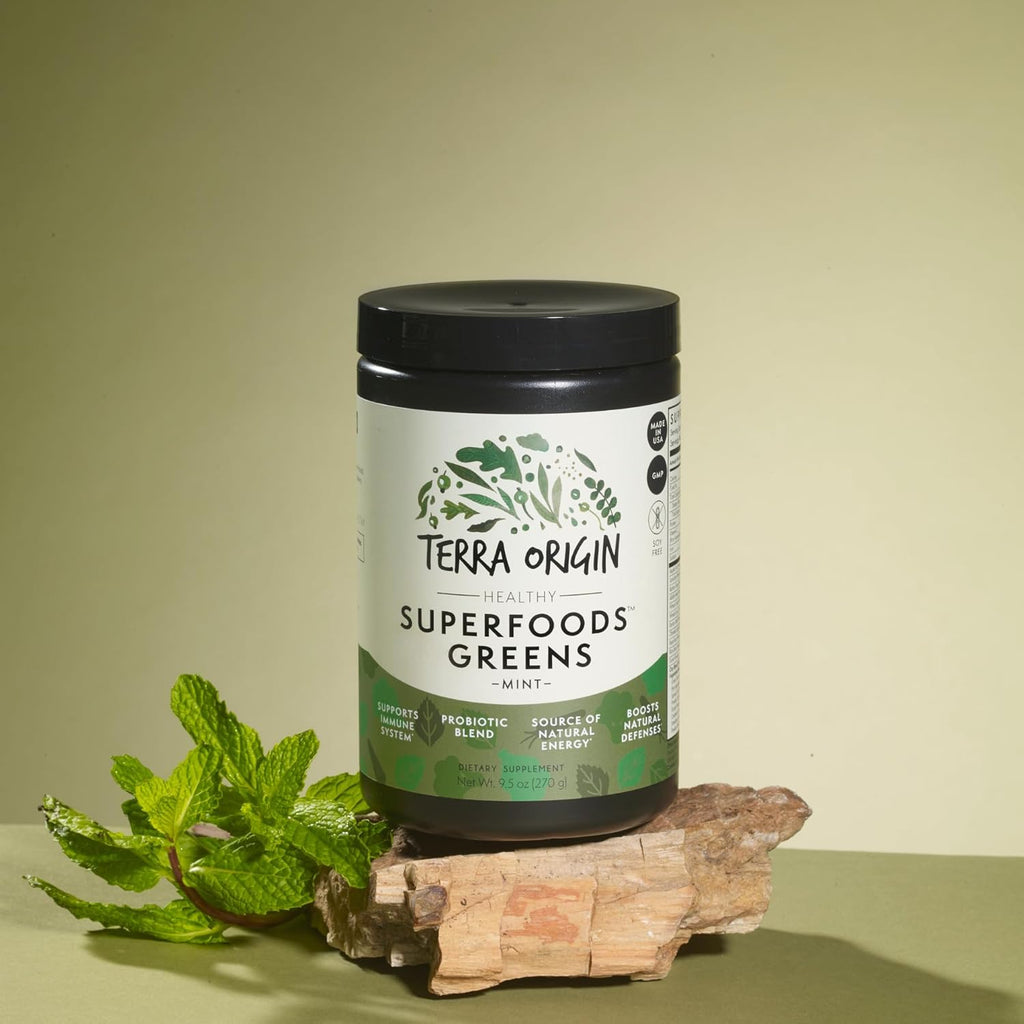 TERRA ORIGIN Superfoods Greens for Immune Defense and Digestive Support | with Spirulina, Probiotics, Organic Vegetables, Digestive Enzymes | Non-GMO | 30 Servings | Mint Flavor