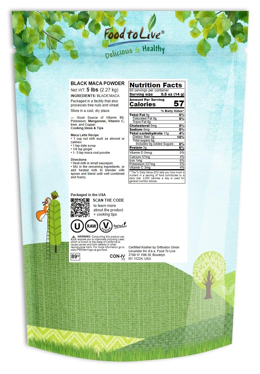 Food to Live - Black Maca Powder, 5 Pounds - Finely Ground Raw Dried Root, Kosher, Vegan, Non-Gelatinized Powder, Bulk