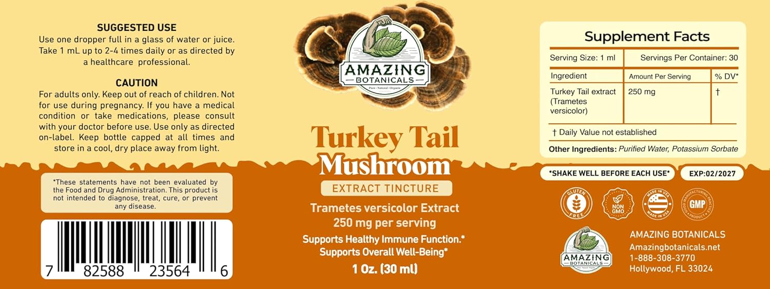 Amazing Botanicals Turkey Tail Mushroom Extract Tincture – 250mg per Serving – Dual Extract Liquid Supplement – Immune Support & Wellness – Vegan, USA Made – 1oz/30mL