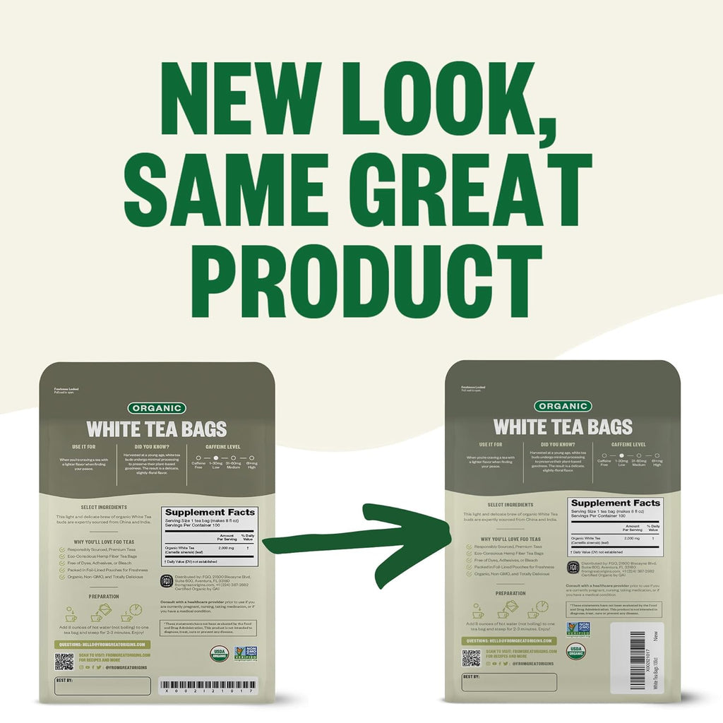 FGO Organic White Tea, 100 Count, Eco-Conscious Tea Bags, Resealable Bag, Packaging May Vary(Pack of 1)
