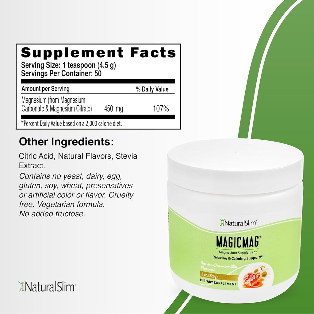 NaturalSlim Magicmag Pure Magnesium Citrate Powder Stress, Constipation, Muscle, Heart Health, and Sleep Support | Honey Chamomile Flavored Magnesium Supplement - 8oz Drink Mix (2 Pack)