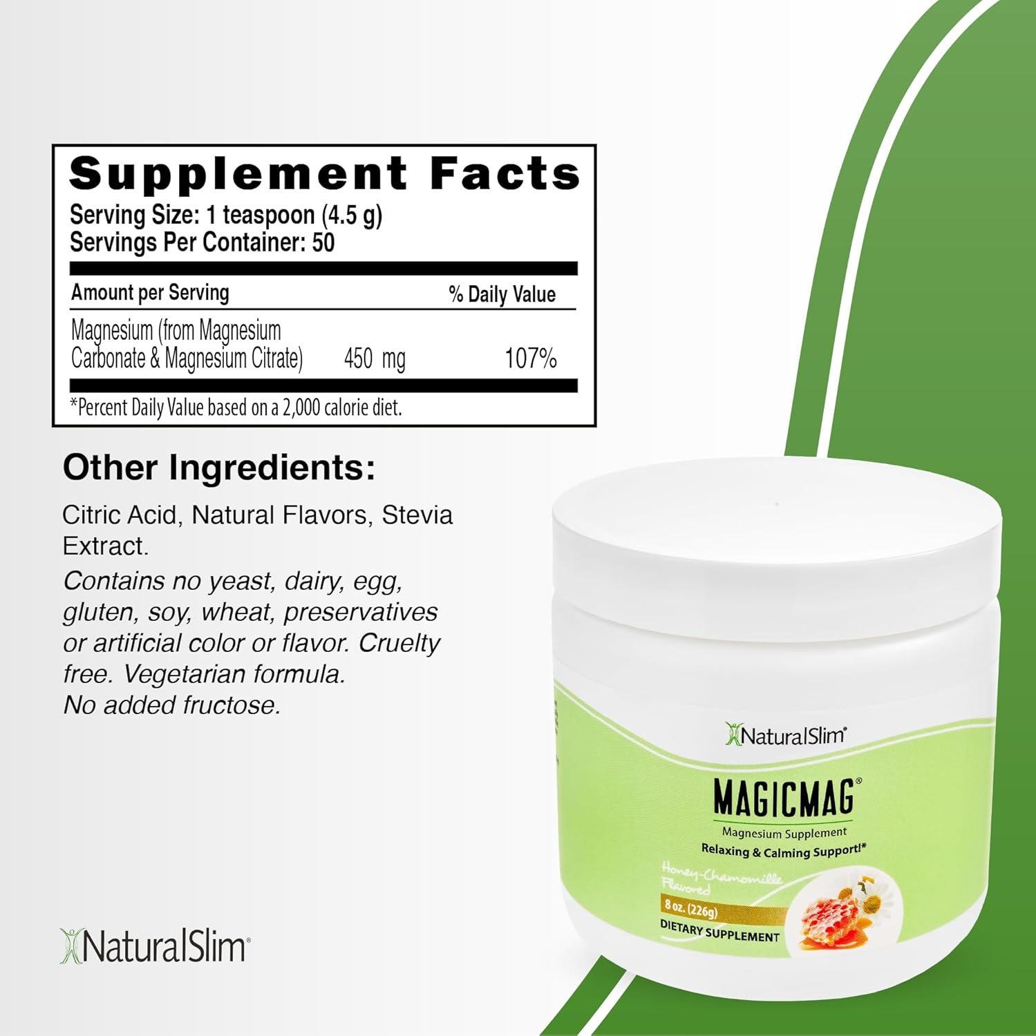 NaturalSlim Magicmag Pure Magnesium Citrate Powder Stress, Constipation, Muscle, Heart Health, and Sleep Support | Honey Chamomile Flavored Magnesium Supplement - 8oz Drink Mix (3 Pack)