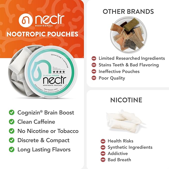 Nectr Energy Nootropic Pouches – Mild Mint Flavored, Caffeine Pouches with Cognizin® Citicoline. Sugar-Free Brain Treats. Smooth, Sustained Focus & Energy Supplement - 5 Pucks of 16pcs