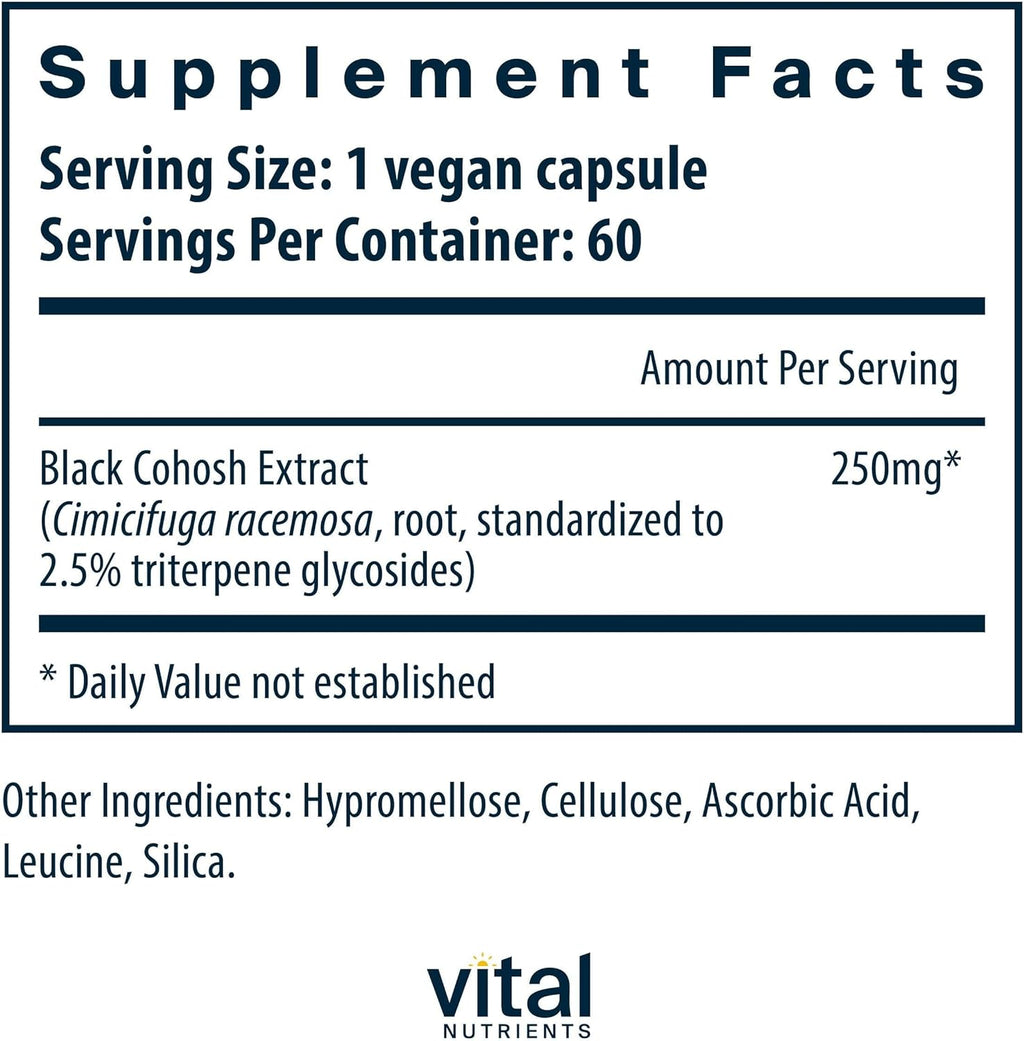 Vital Nutrients Black Cohosh Extract 250mg| Vegan Supplement for Women’s Menopause, Hormonal Balance and PMS Support* | Gluten, Dairy and Soy Free | Non-GMO | 60 Capsules