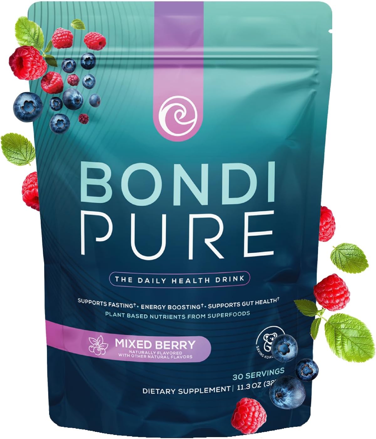 Bondi Pure - Daily Health & Detox Drink - Promote Gut Health & Energy Support During a Cleanse or Intermittent Fasting - Plant-Based Fibers, Alkalizing Super Greens - Berry, 11.7oz (30 Servings)
