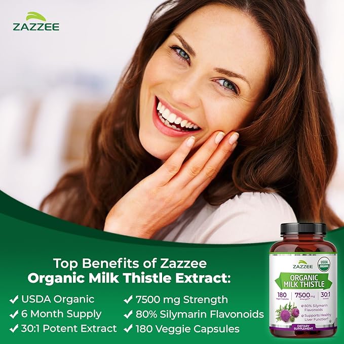 Zazzee USDA Organic Milk Thistle 30:1 Extract, 7500 mg Strength, 180 Vegan Capsules, 80% Silymarin Flavonoids, Healthy Liver Detox & Cleanse Support, 100% Vegetarian, Non-GMO, Made in The USA