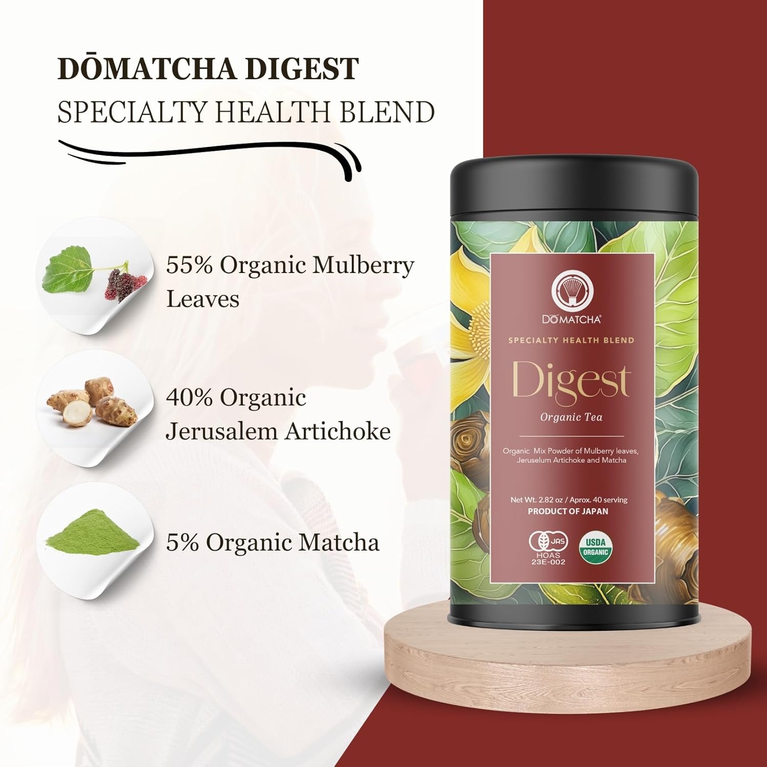 DoMatcha Digest Blend - Green Mix, 2.82 oz - Digest Health Blend with Mulberry, Jerusalem Artichoke & Organic Matcha for Vitality & Focus - Soothing Tea Experience - Product of Japan