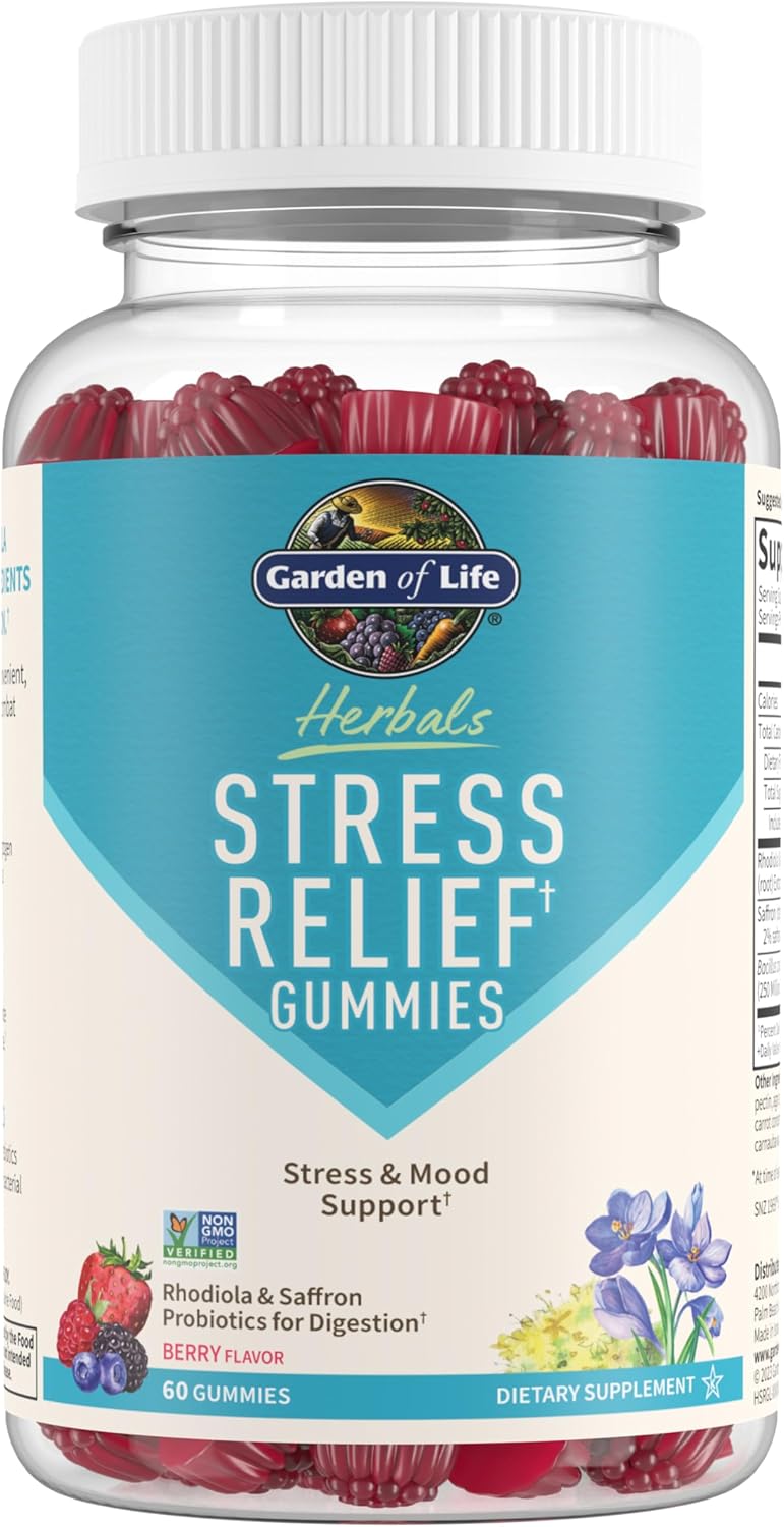 Garden of Life Herbals Stress Relief Gummy with Rhodiola & Saffron for Positive Mood & Stress Response Plus Prebiotics & Probiotics for Digestive Support – Non-GMO, Gluten-Free, Kosher, 30 Servings