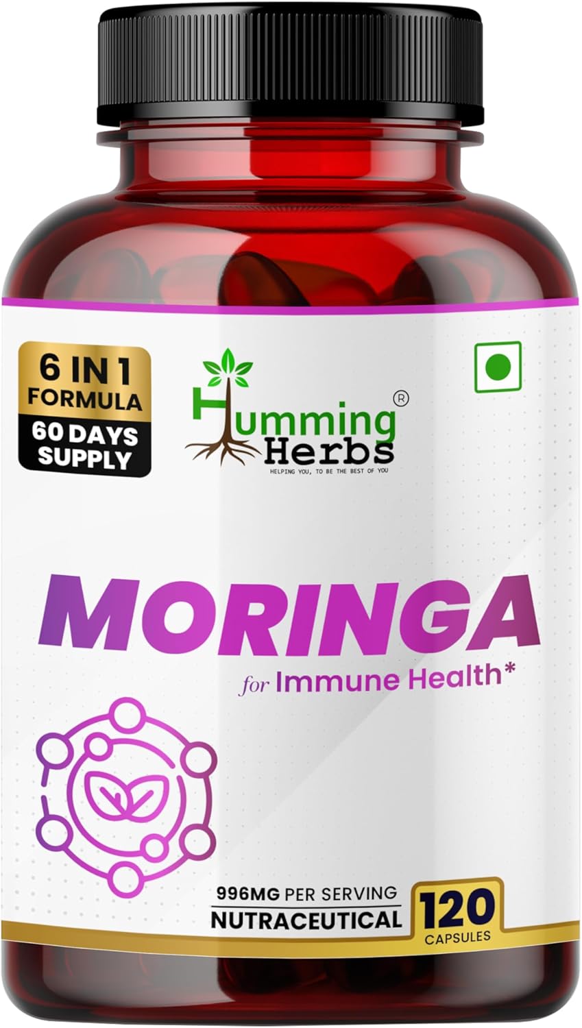 Humming Herbs Moringa Leaf Extract Complex — with Resveratrol, Astaxanthin, S-Acetyl Glutathione, Vitamin C & Folate — 998 mg per Serving — 120 Capsules (60 Days) — Antioxidant & Immune Support