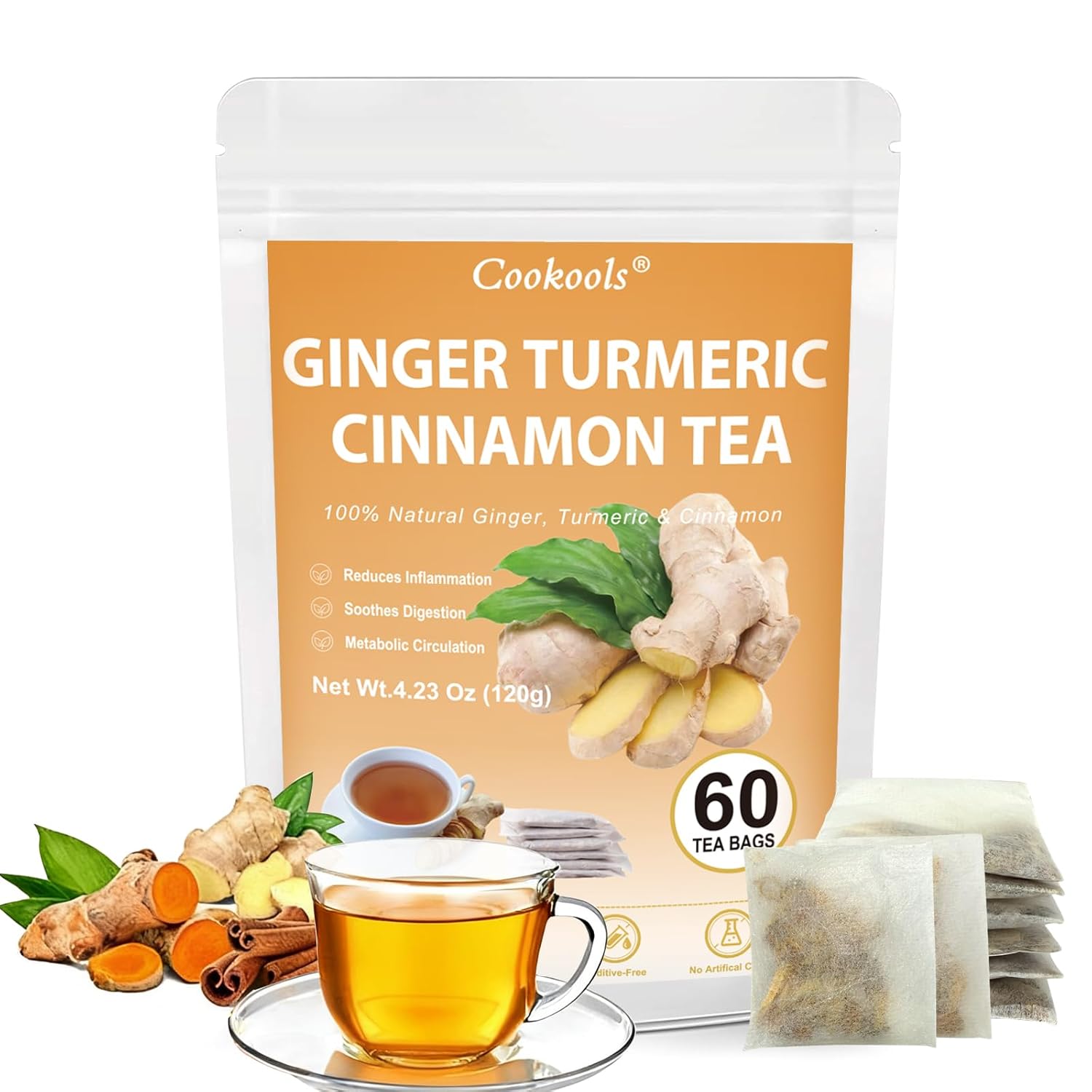 Ginger Turmeric Tea 2g x 60 Teabags | 100% Golden Blend for Wellness | Powerful Antioxidant & Natural Digestion Metabolism Support | Warming, Caffeine-Free Herbal Tea