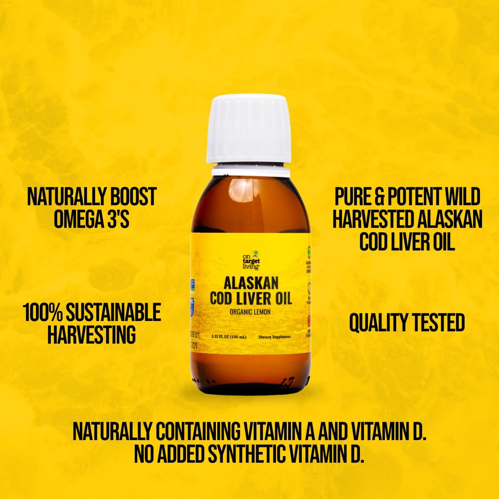 On Target Living Alaskan Cod Liver Oil- Travel Size 3.33 oz. | Naturally Occurring Vitamins A & D | Organic Lemon Flavor | Premium Line Caught Cod Liver Oil